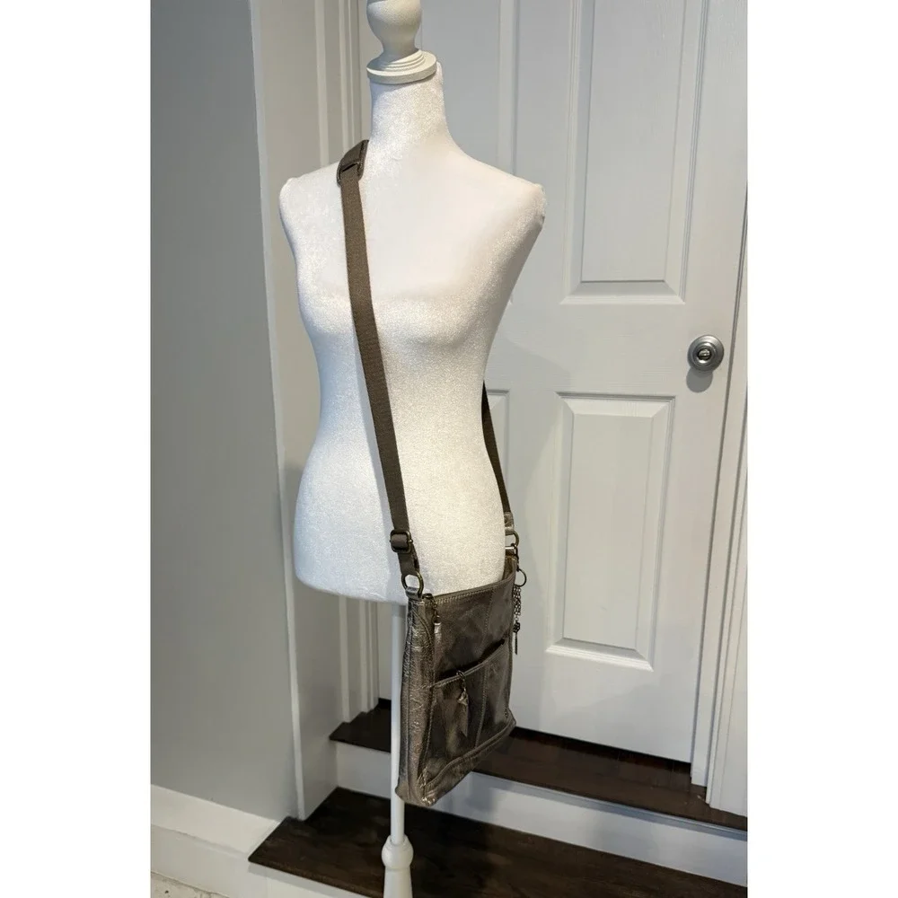 The Sak Metallic Pewter Leather Crossbody Bag Boho Charm Antiqued Brass Hardware